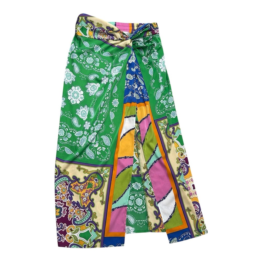 Bailey/44 Colorful Maxi Skirt Sz M Satin Knot  Side Slit Coastal Tropical Floral - Picture 2 of 10